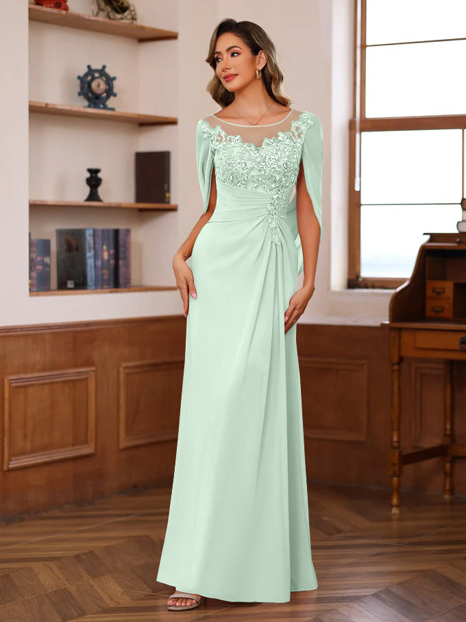 A Line Princess Scoop Floor Length Mother Of The Bride Outfits With Pleated Sequins