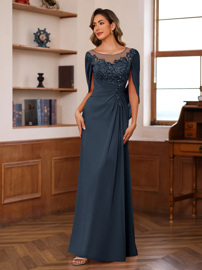 A Line Princess Scoop Floor Length Mother Of The Bride Outfits With Pleated Sequins