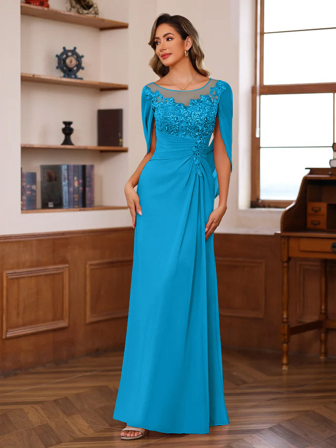A Line Princess Scoop Floor Length Mother Of The Bride Outfits With Pleated Sequins