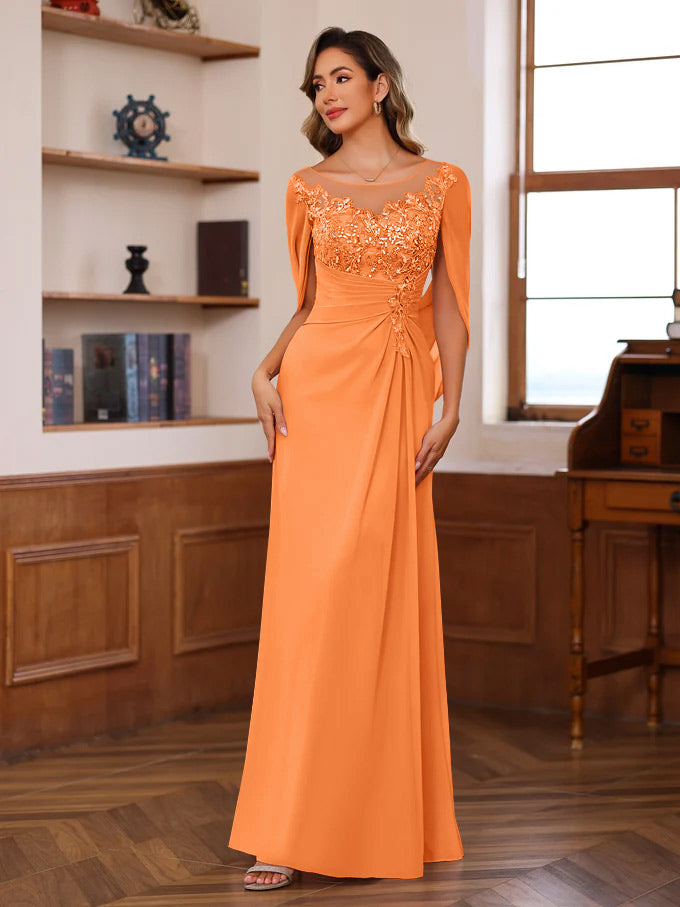 A Line Princess Scoop Floor Length Mother Of The Bride Outfits With Pleated Sequins