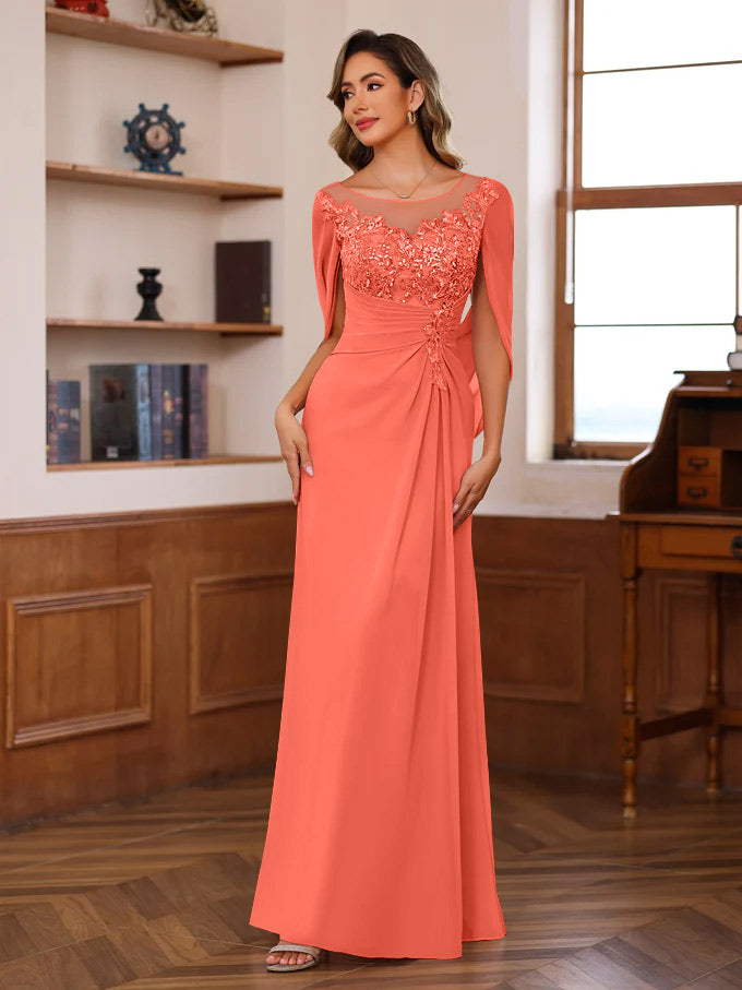 A Line Princess Scoop Floor Length Mother Of The Bride Outfits With Pleated Sequins