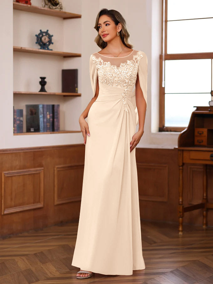 A Line Princess Scoop Floor Length Mother Of The Bride Outfits With Pleated Sequins