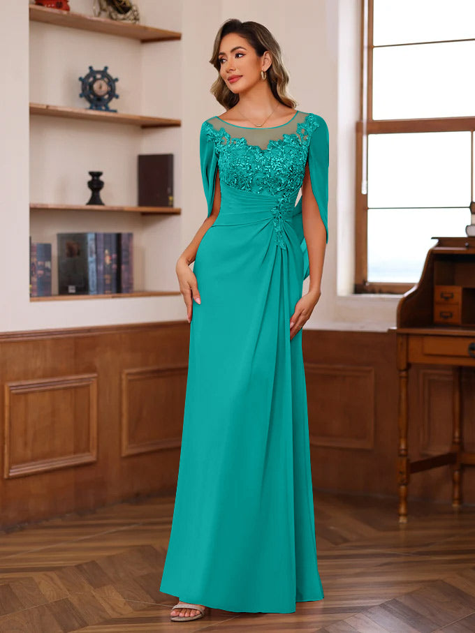 A Line Princess Scoop Floor Length Mother Of The Bride Outfits With Pleated Sequins