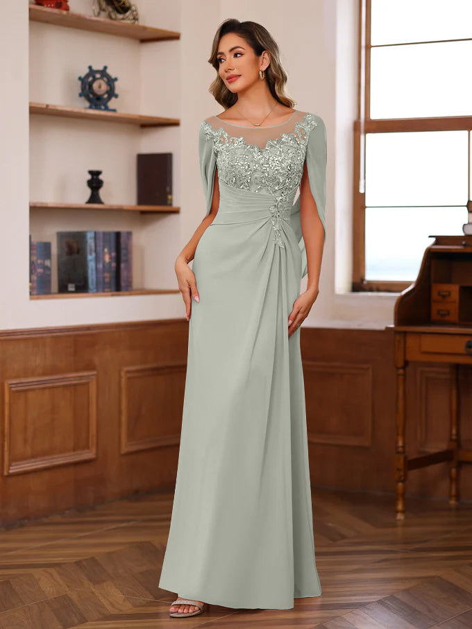 A Line Princess Scoop Floor Length Mother Of The Bride Outfits With Pleated Sequins