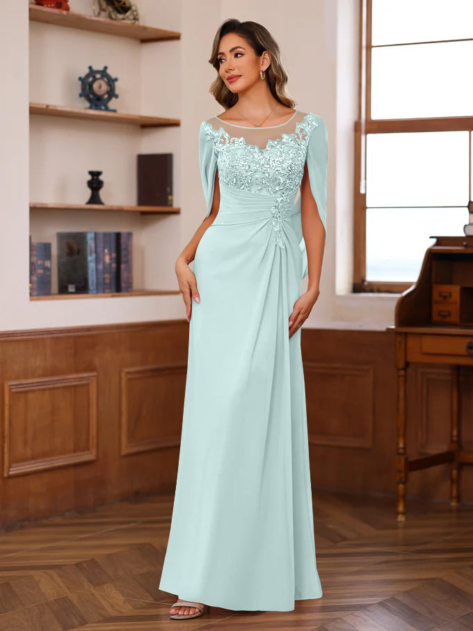 A Line Princess Scoop Floor Length Mother Of The Bride Outfits With Pleated Sequins