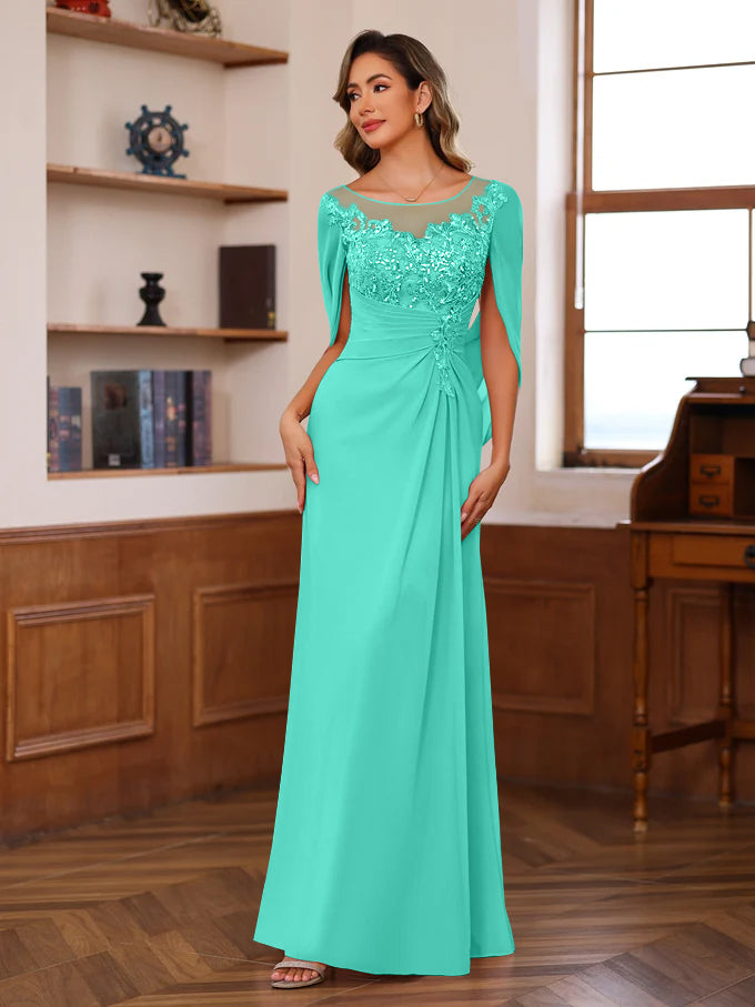 A Line Princess Scoop Floor Length Mother Of The Bride Outfits With Pleated Sequins