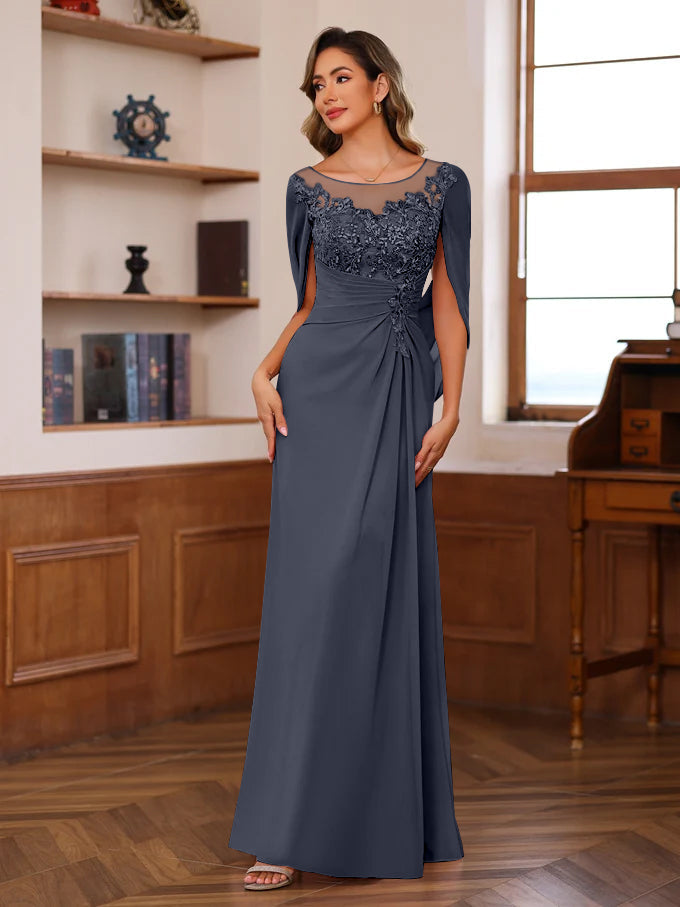 A Line Princess Scoop Floor Length Mother Of The Bride Outfits With Pleated Sequins