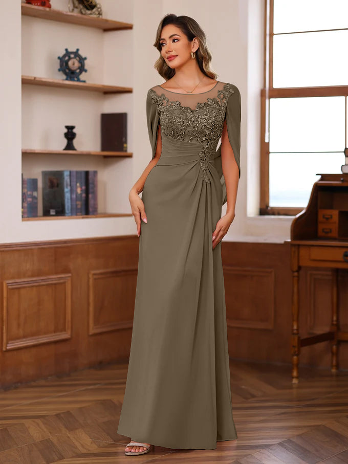 A Line Princess Scoop Floor Length Mother Of The Bride Outfits With Pleated Sequins