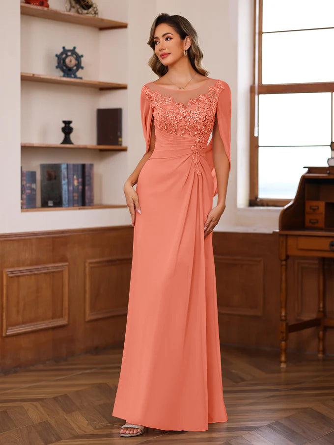 A Line Princess Scoop Floor Length Mother Of The Bride Outfits With Pleated Sequins