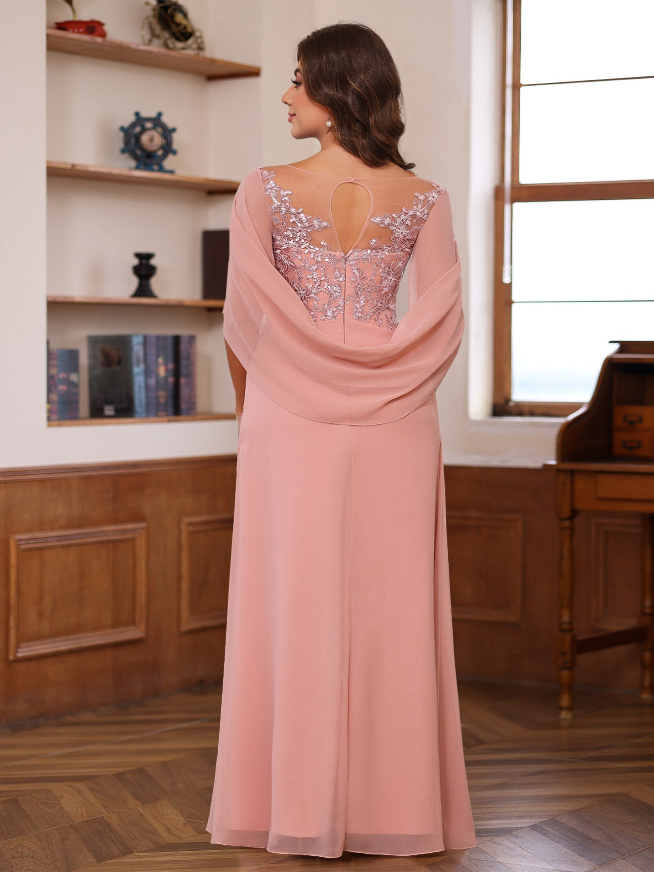 A Line Princess Scoop Floor Length Mother Of The Bride Outfits With Pleated Sequins