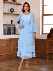 A Line Princess Scoop Neck 2 Pcs Tea Length Mother Of The Bride Dresses With Ruffles Jacket