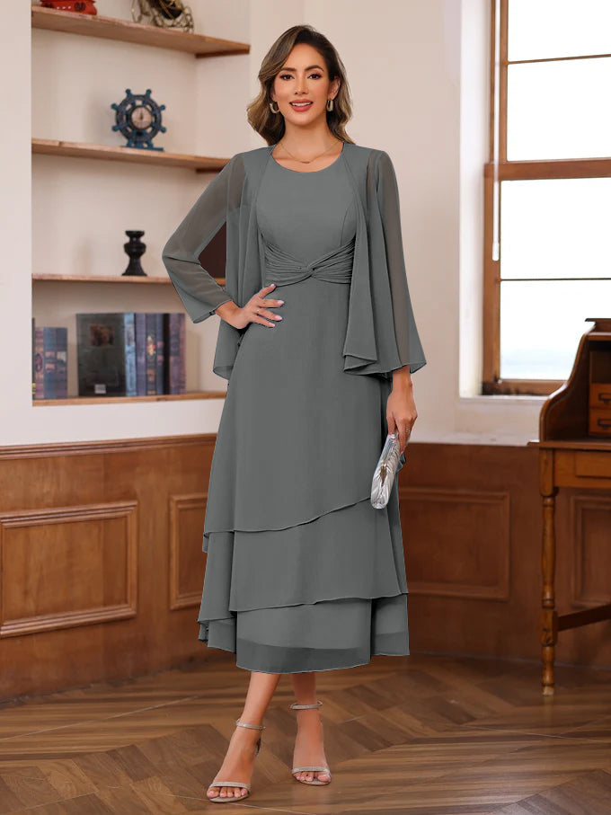 A Line Princess Scoop Neck 2 Pcs Tea Length Mother Of The Bride Dresses With Ruffles Jacket