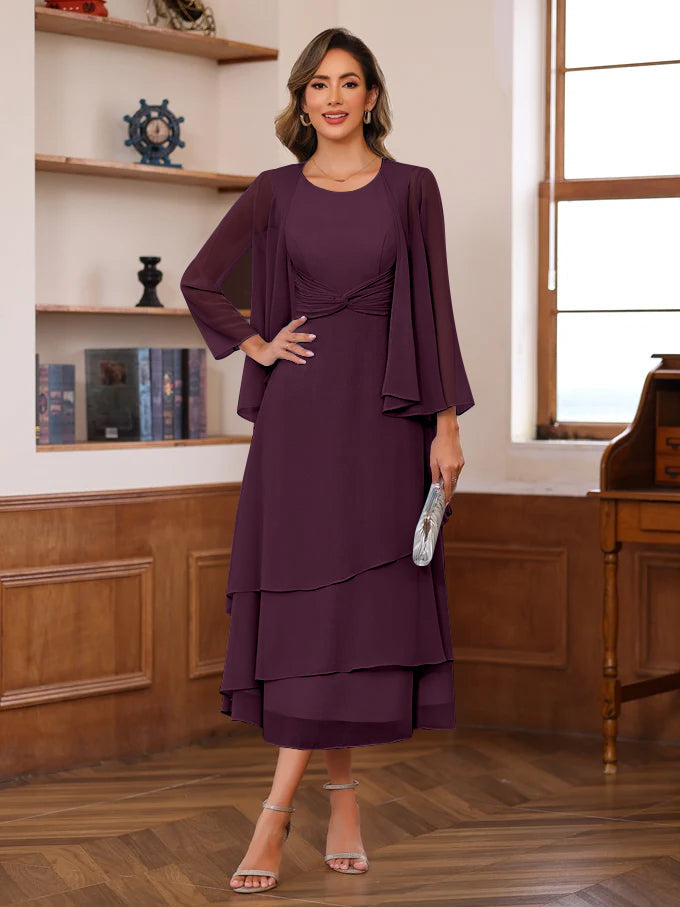 A Line Princess Scoop Neck 2 Pcs Tea Length Mother Of The Bride Dresses With Ruffles Jacket