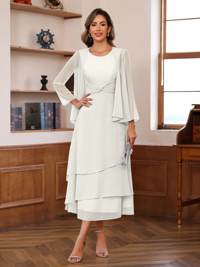 A Line Princess Scoop Neck 2 Pcs Tea Length Mother Of The Bride Dresses With Ruffles Jacket