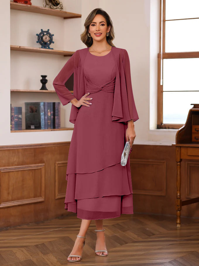 A Line Princess Scoop Neck 2 Pcs Tea Length Mother Of The Bride Dresses With Ruffles Jacket