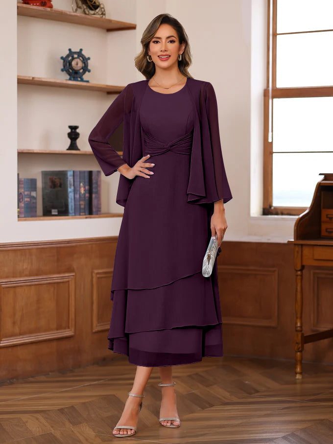 A Line Princess Scoop Neck 2 Pcs Tea Length Mother Of The Bride Dresses With Ruffles Jacket
