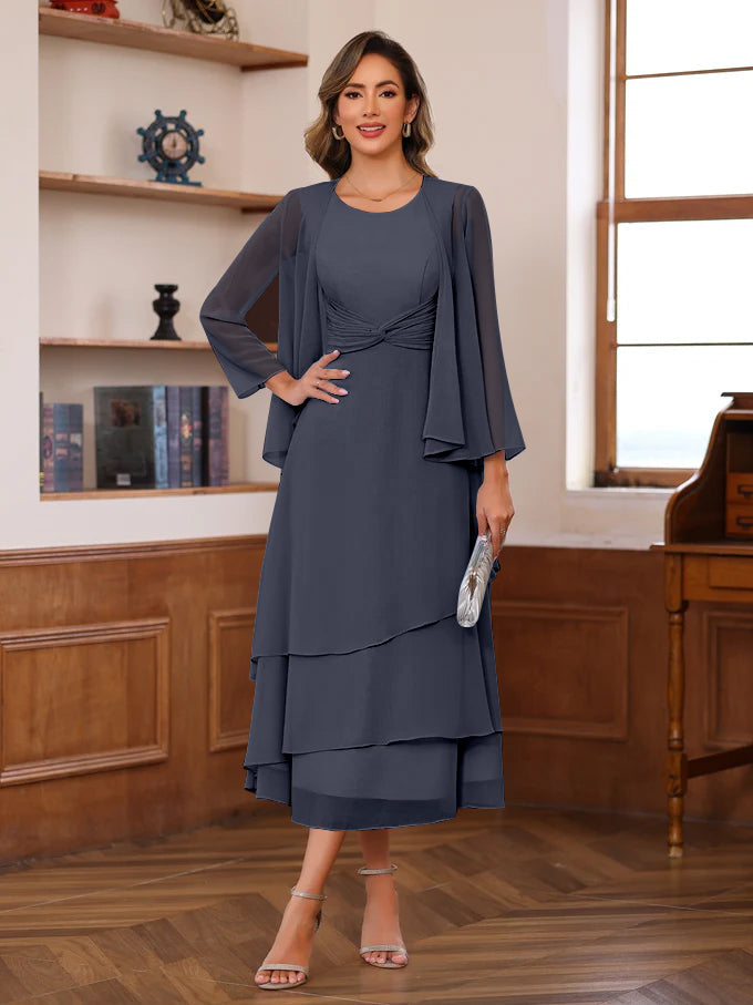 A Line Princess Scoop Neck 2 Pcs Tea Length Mother Of The Bride Dresses With Ruffles Jacket