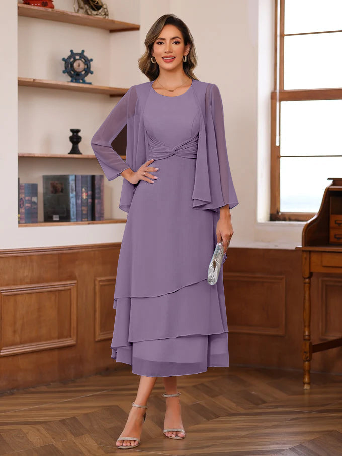 A Line Princess Scoop Neck 2 Pcs Tea Length Mother Of The Bride Dresses With Ruffles Jacket