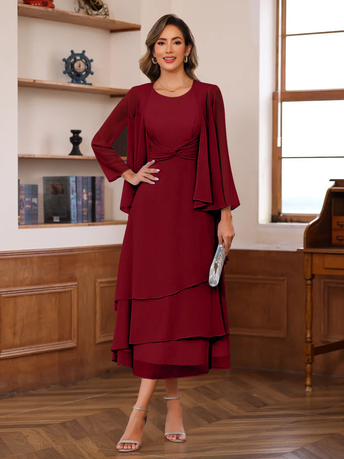 A Line Princess Scoop Neck 2 Pcs Tea Length Mother Of The Bride Dresses With Ruffles Jacket