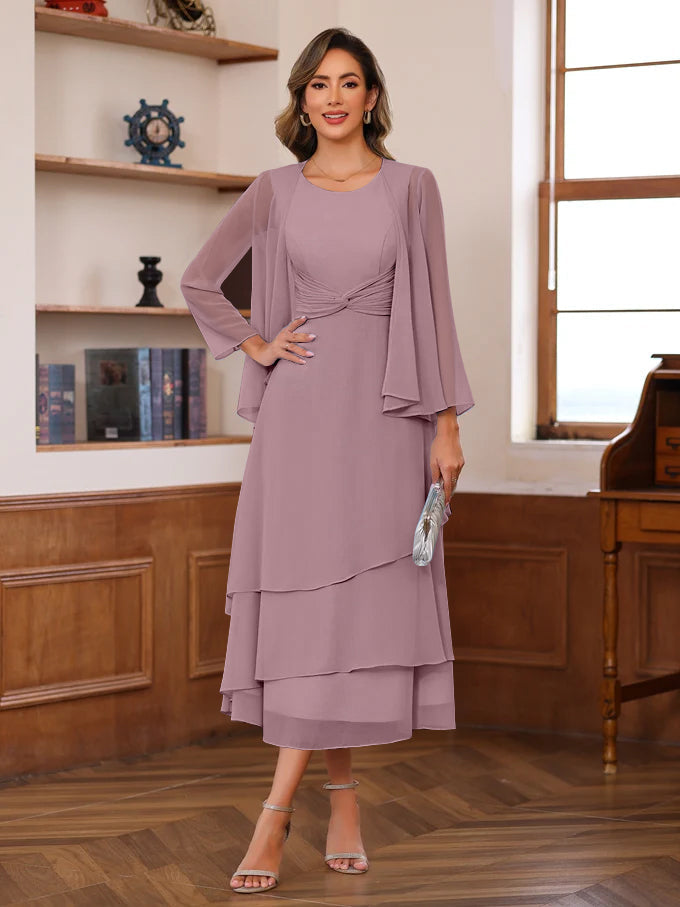 A Line Princess Scoop Neck 2 Pcs Tea Length Mother Of The Bride Dresses With Ruffles Jacket