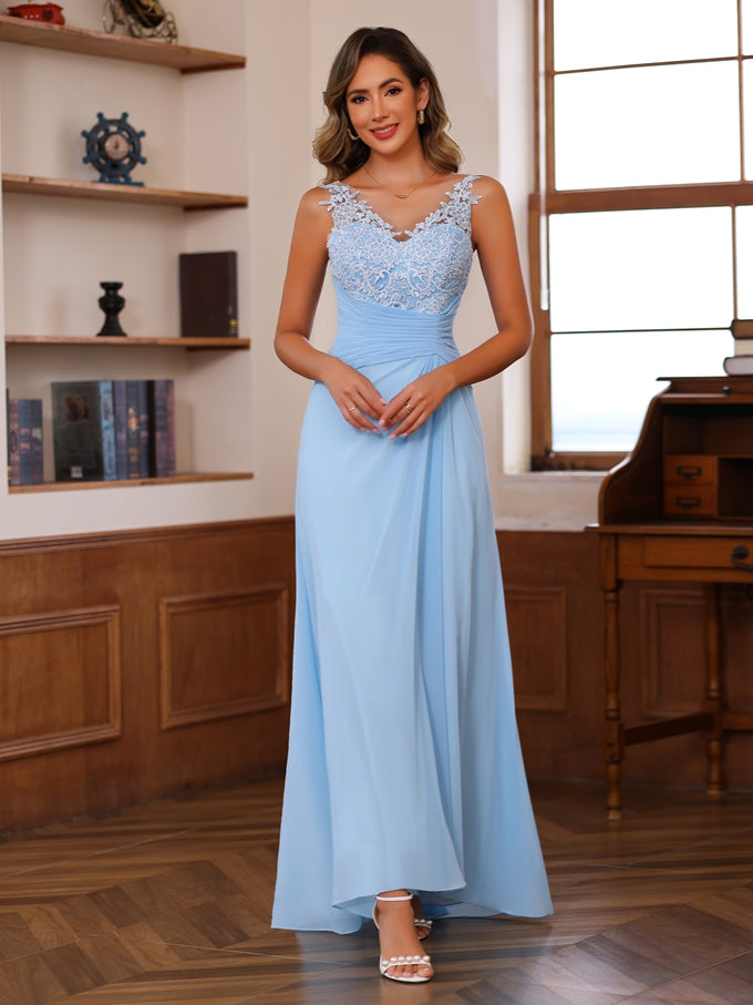 A Line Princess V Neck 2 Pics Floor Length Mother Of The Bride Dresses With Appliques Ruffles Wrap