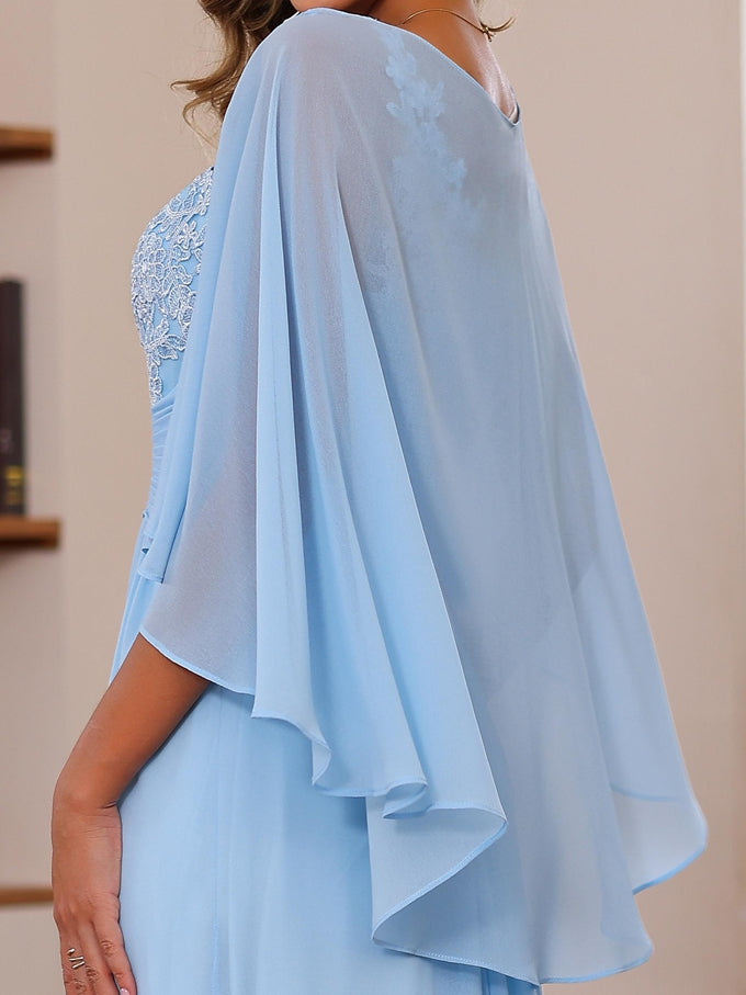 A Line Princess V Neck 2 Pics Floor Length Mother Of The Bride Dresses With Appliques Ruffles Wrap