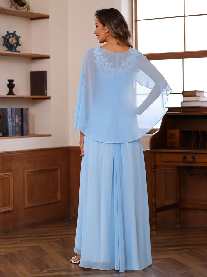 A Line Princess V Neck 2 Pics Floor Length Mother Of The Bride Dresses With Appliques Ruffles Wrap