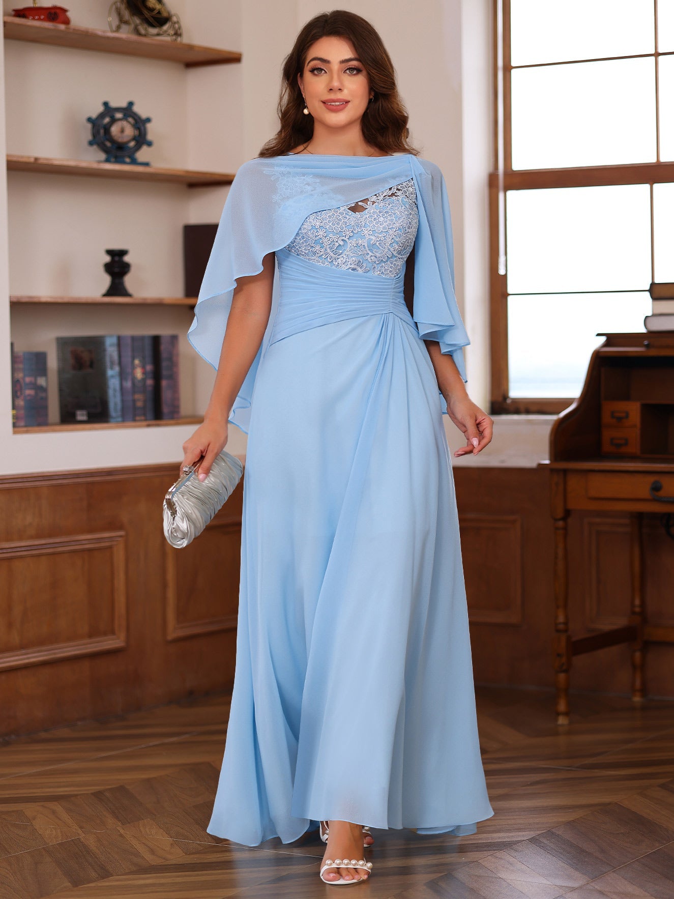 A Line Princess V Neck 2 Pics Floor Length Mother Of The Bride Dresses With Appliques Ruffles Wrap
