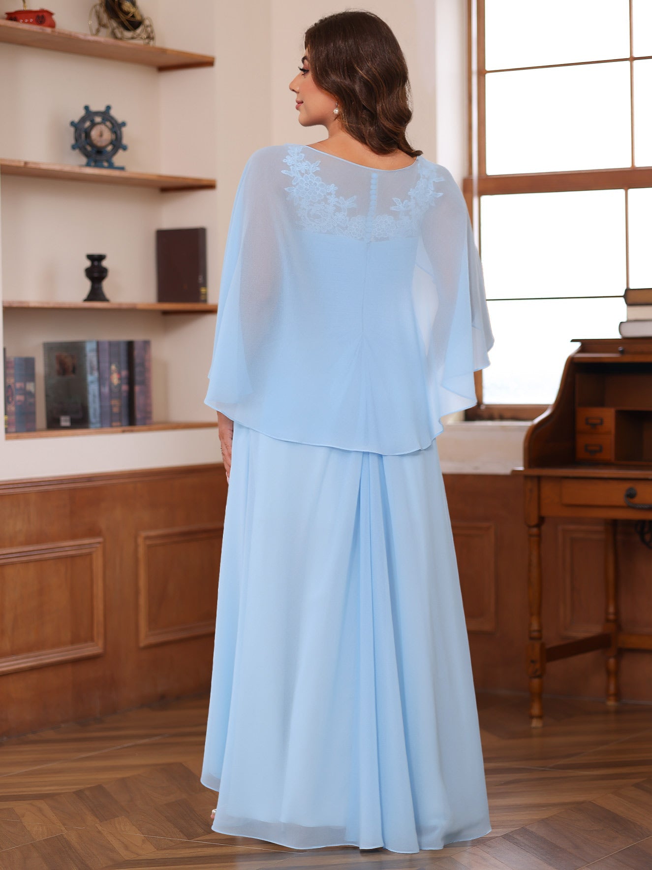 A Line Princess V Neck 2 Pics Floor Length Mother Of The Bride Dresses With Appliques Ruffles Wrap