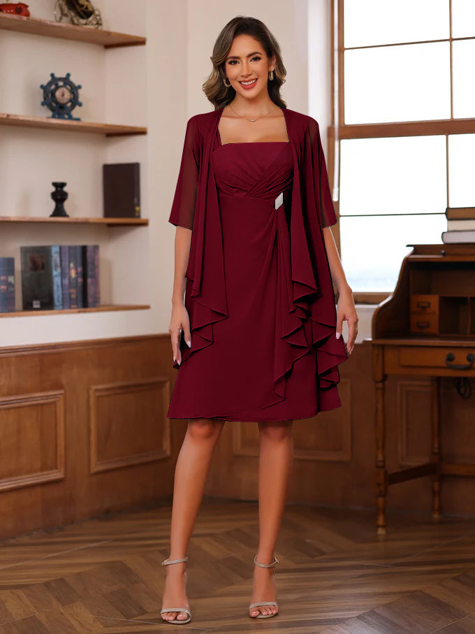 A Line Princess Square Neck Knee Length Mother Of The Bride Dresses With Ruffles Jacket