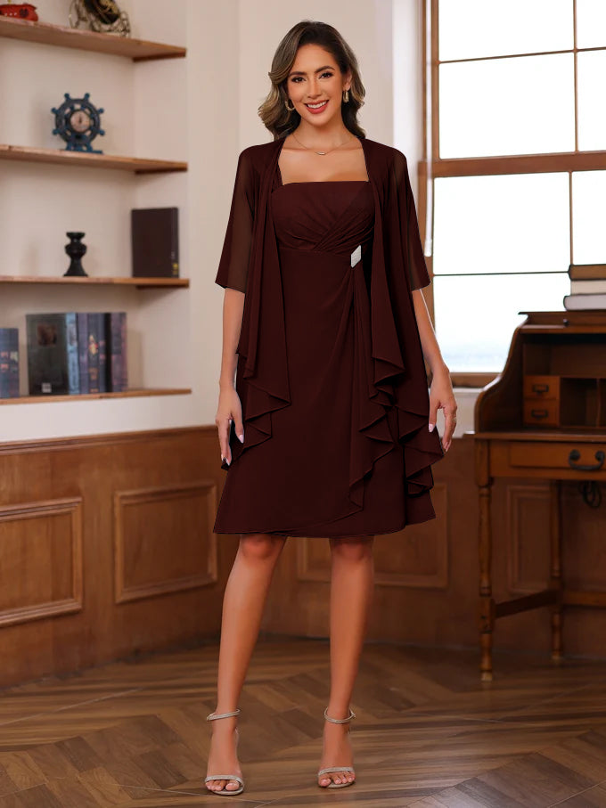 A Line Princess Square Neck Knee Length Mother Of The Bride Dresses With Ruffles Jacket