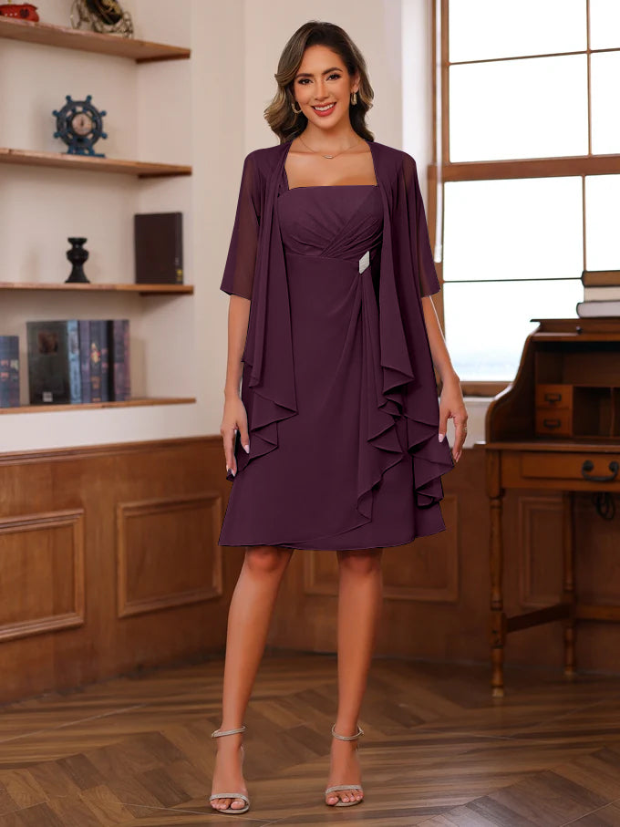 A Line Princess Square Neck Knee Length Mother Of The Bride Dresses With Ruffles Jacket