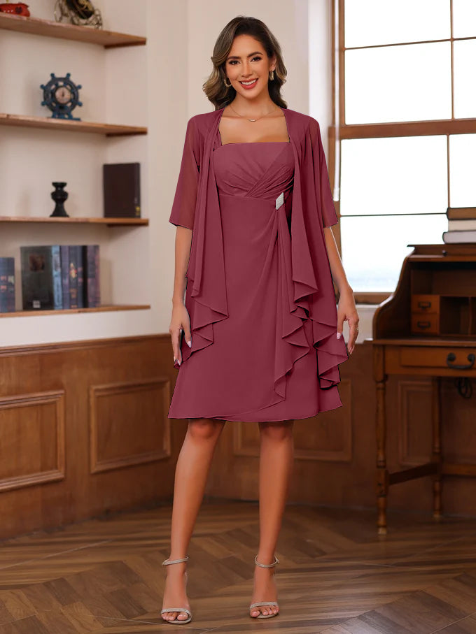 A Line Princess Square Neck Knee Length Mother Of The Bride Dresses With Ruffles Jacket