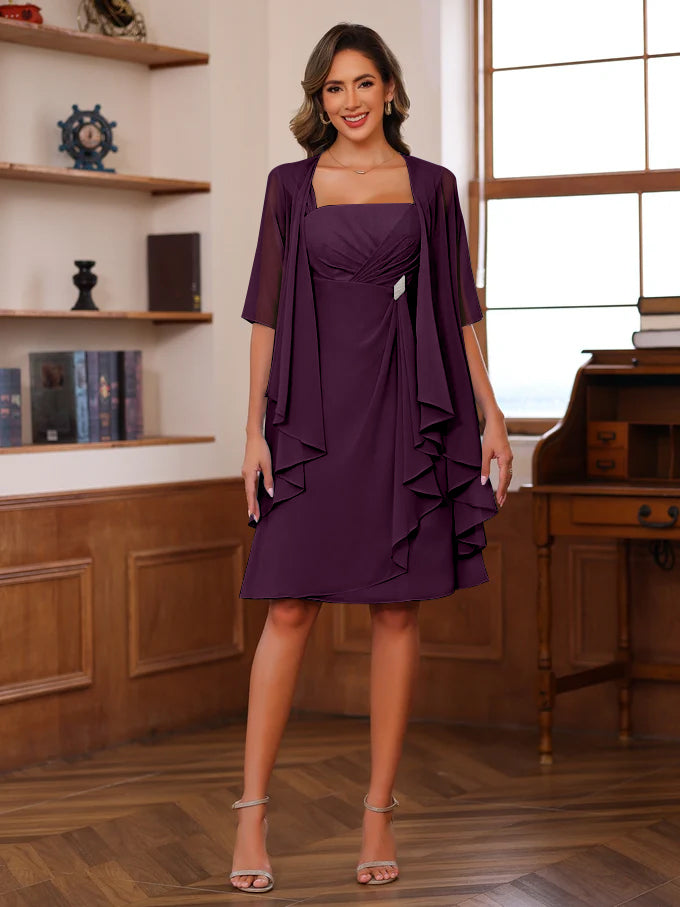 A Line Princess Square Neck Knee Length Mother Of The Bride Dresses With Ruffles Jacket