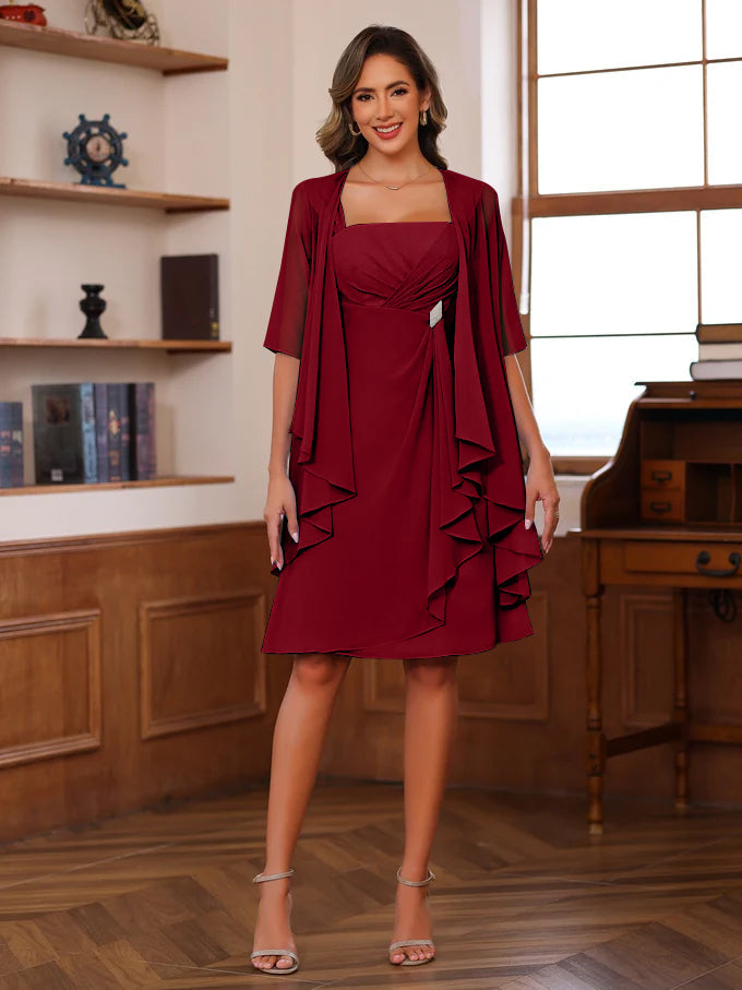 A Line Princess Square Neck Knee Length Mother Of The Bride Dresses With Ruffles Jacket