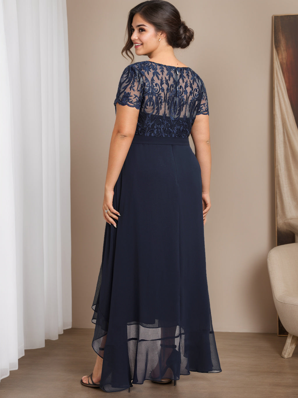 A Line Princess Scoop Neck Short Sleeves Asymmetrical Unique Plus Size Mother Of The Bride Dresses With Bow Ruffles Sequins