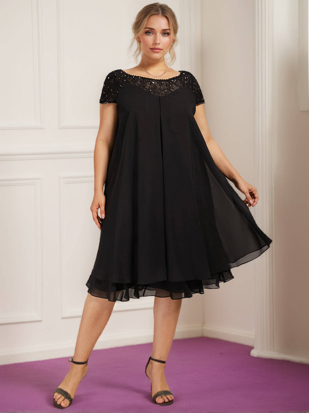 A Line Princess Scoop Illusion Neck Short Sleeves Knee Length Plus Size Mother Of The Bride Dresses With Beads Sequins