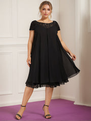 A Line Princess Scoop Illusion Neck Short Sleeves Knee Length Plus Size Mother Of The Bride Dresses With Beads Sequins