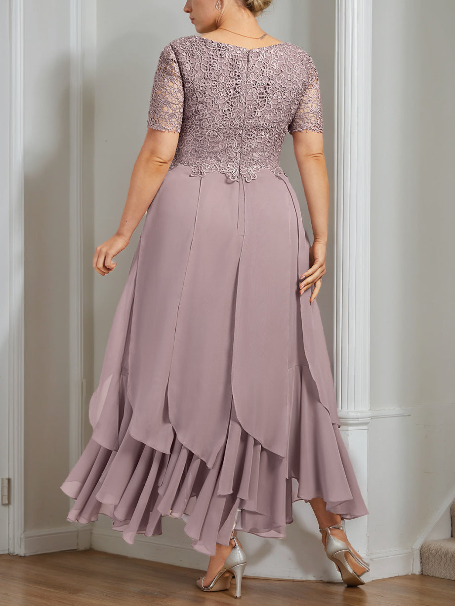 A Line Princess Round Neck Short Sleeves Ankle Length Plus Size Mother Of The Bride Dress With Cascading Ruffles