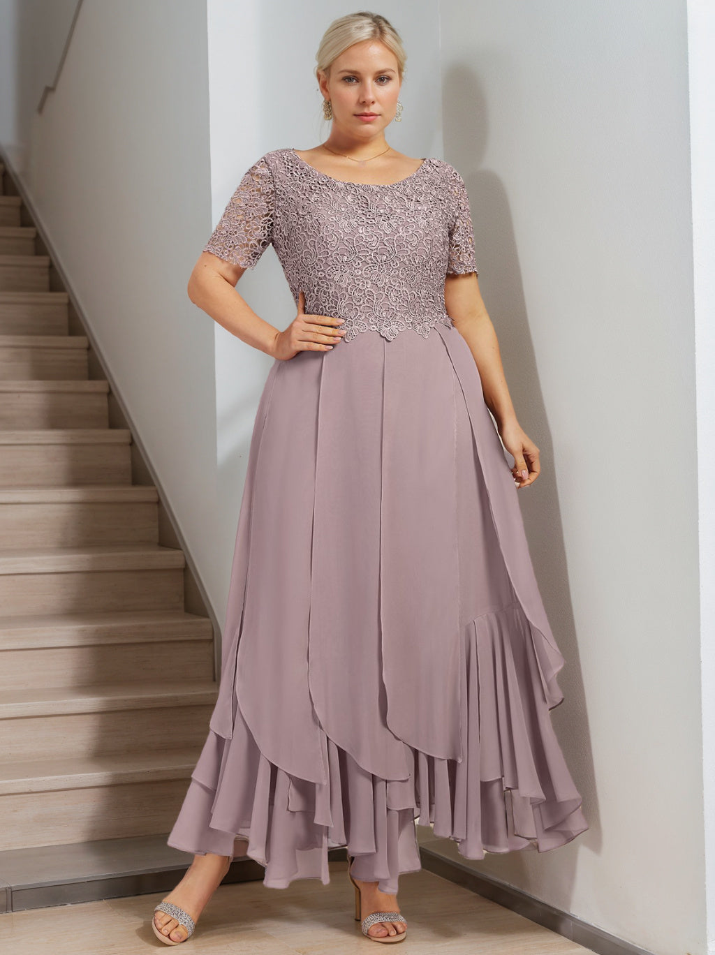 A Line Princess Round Neck Short Sleeves Ankle Length Plus Size Mother Of The Bride Dress With Cascading Ruffles