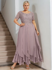 A Line Princess Round Neck Short Sleeves Ankle Length Plus Size Mother Of The Bride Dress With Cascading Ruffles