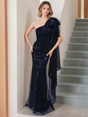 Mermaid Trumpet One Shoulder Sleeveless Floor Length Long Mother Of The Bride Dresses With Bow Side Ruffle