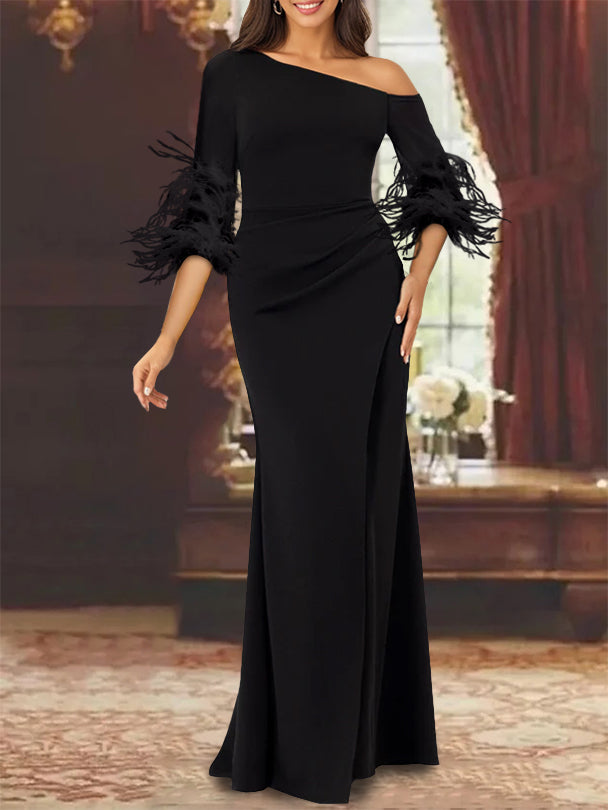 Trumpet Mermaid Mother Of The Bride Feather Dresses With One Shoulder Long Sleeves Chiffon