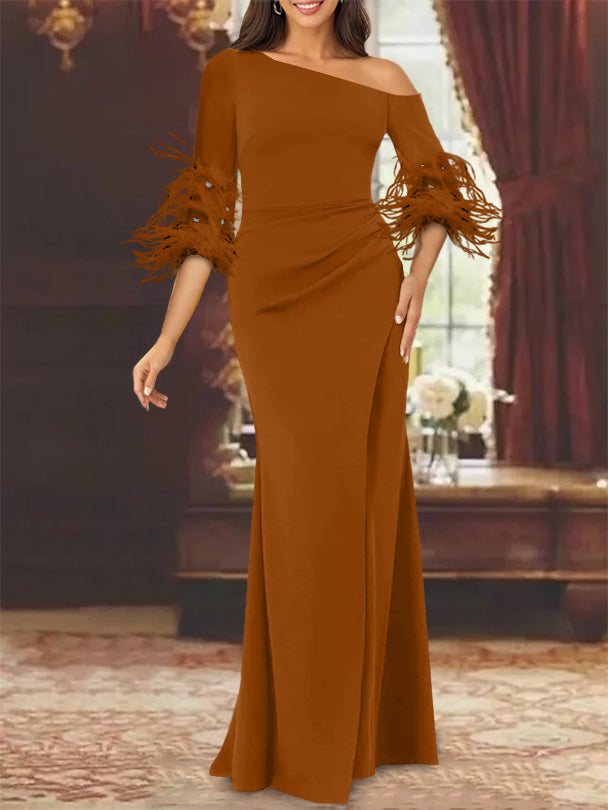 Trumpet Mermaid Mother Of The Bride Feather Dresses With One Shoulder Long Sleeves Chiffon