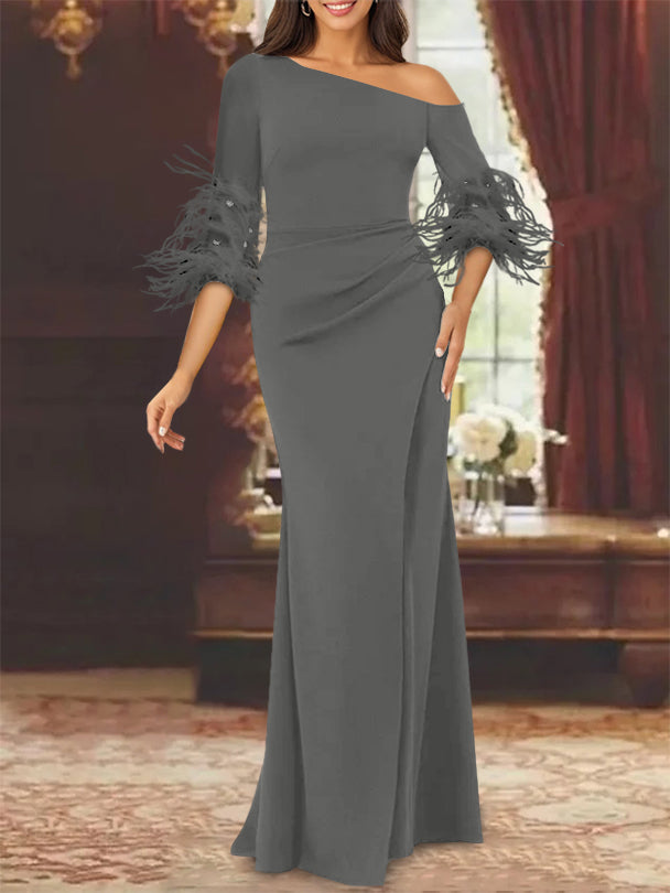 Trumpet Mermaid Mother Of The Bride Feather Dresses With One Shoulder Long Sleeves Chiffon