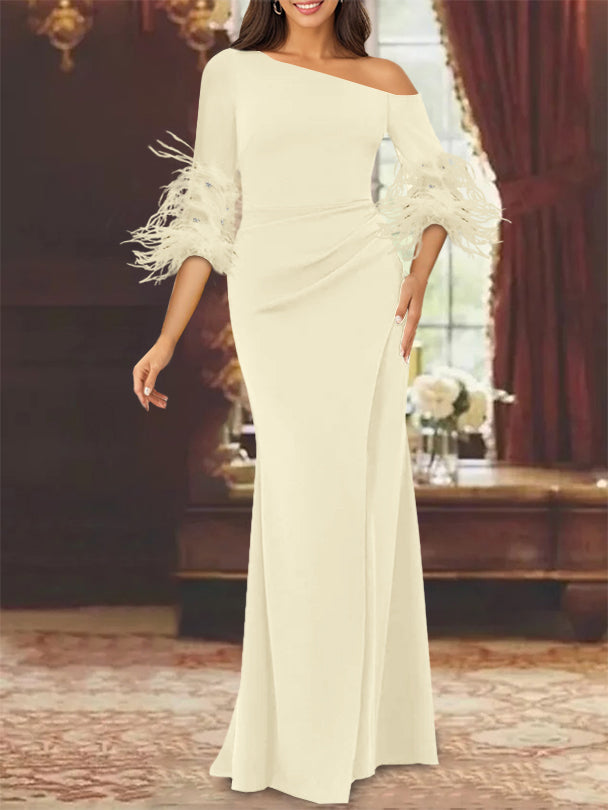 Trumpet Mermaid Mother Of The Bride Feather Dresses With One Shoulder Long Sleeves Chiffon