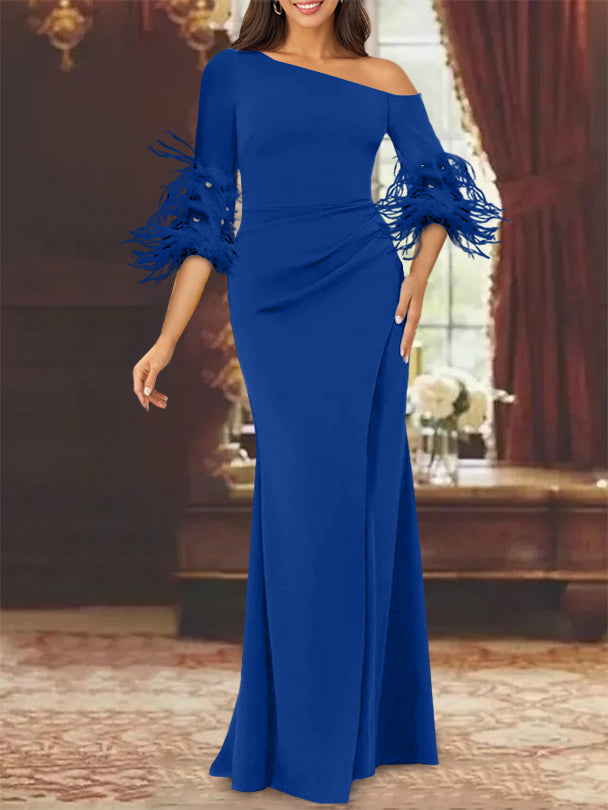 Trumpet Mermaid Mother Of The Bride Feather Dresses With One Shoulder Long Sleeves Chiffon