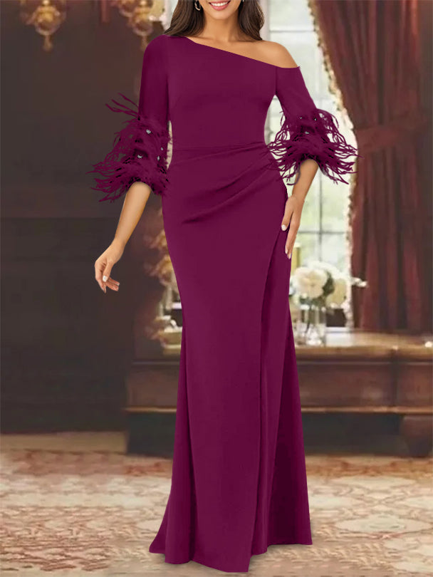 Trumpet Mermaid Mother Of The Bride Feather Dresses With One Shoulder Long Sleeves Chiffon