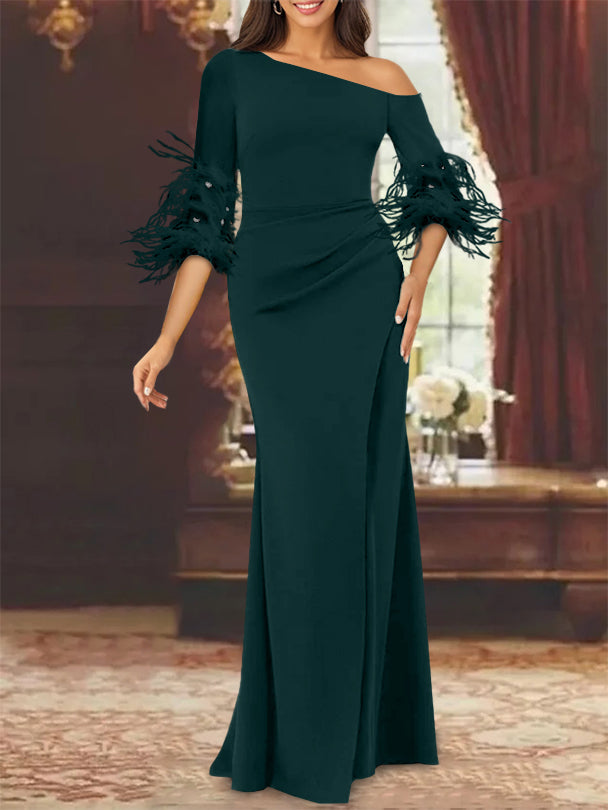 Trumpet Mermaid Mother Of The Bride Feather Dresses With One Shoulder Long Sleeves Chiffon