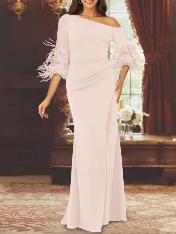 Trumpet Mermaid Mother Of The Bride Feather Dresses With One Shoulder Long Sleeves Chiffon